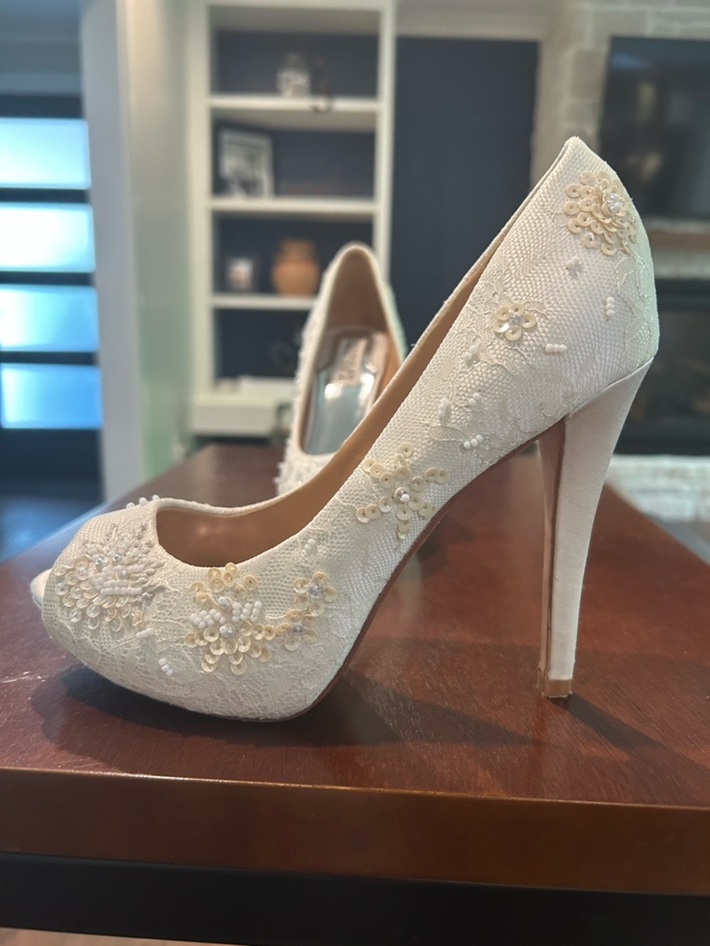 Badgley Mischka Ivory Beaded Peep-Toe Shoes